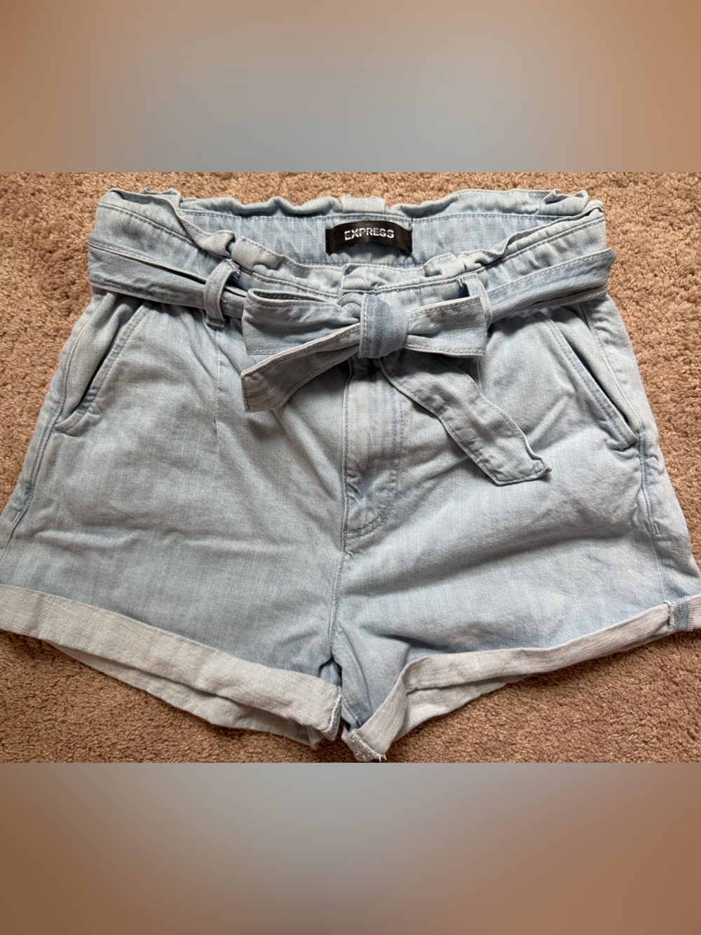 Express Light Blue Paperbag Tie-Waist Denim Shorts